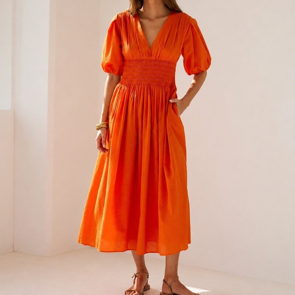 AYR Extra Extra Midi Dress Cara Orange Smocked Waist Tiered Cotton Size Small